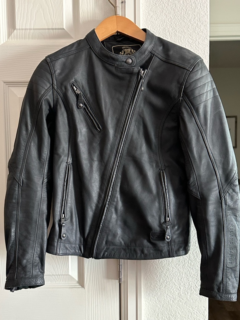 Women’s Black Leather Biker Jacket - Sleek Asymmetric Zip with riding pads.